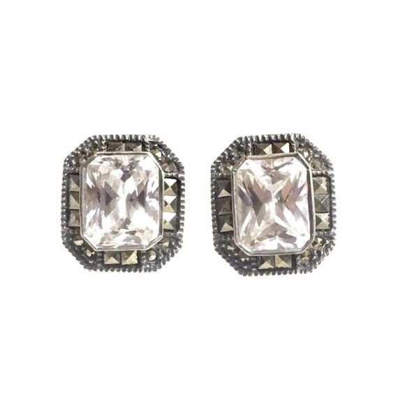 JUDITH JACK Sterling Silver Marcasite Faceted CZ Vintage Earrings - Picture 1 of 9